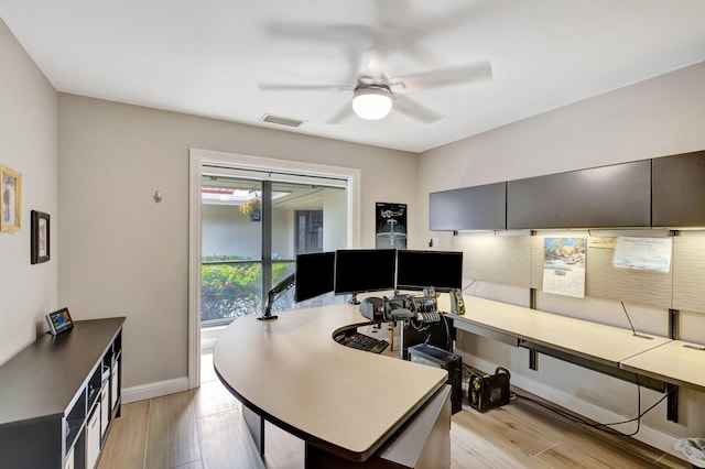 office space with ceiling fan and light hardwood / wood-style floors