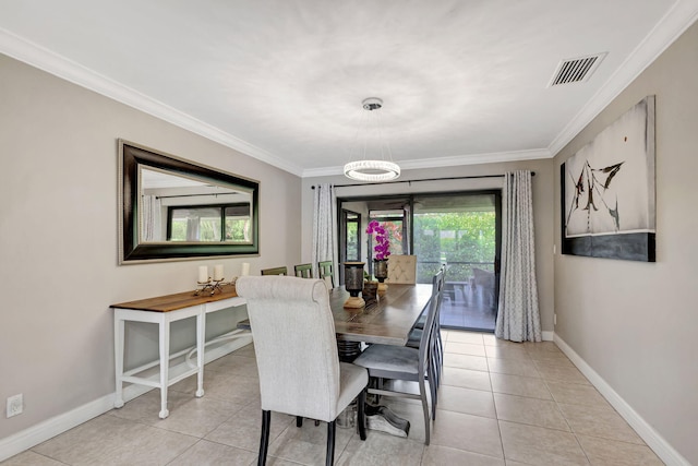 tiled dining space with ornamental molding