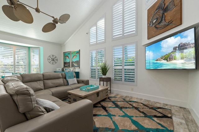 2666 SE Erickson Dr, Port Saint Lucie, FL 34984 - living room with high vaulted ceiling, a wealth of natural light, and ceiling fan