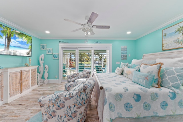 2666 SE Erickson Dr, Port Saint Lucie, FL 34984 - bedroom featuring crown molding, light wood-type flooring, access to exterior, and ceiling fan