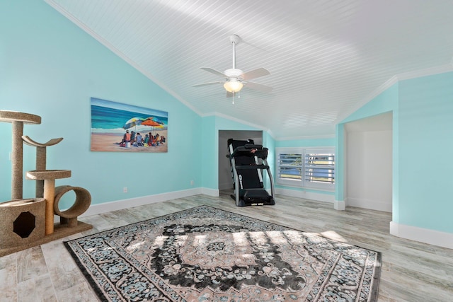 2666 SE Erickson Dr, Port Saint Lucie, FL 34984 - exercise room featuring ornamental molding, lofted ceiling, ceiling fan, and light hardwood / wood-style floors