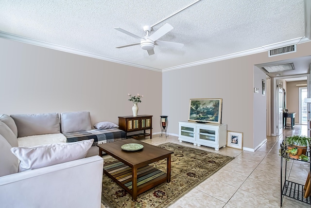 tiled living room with ornamental molding, a textured ceiling, and ceiling fan