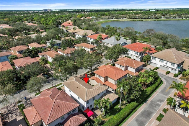 drone / aerial view featuring a water view