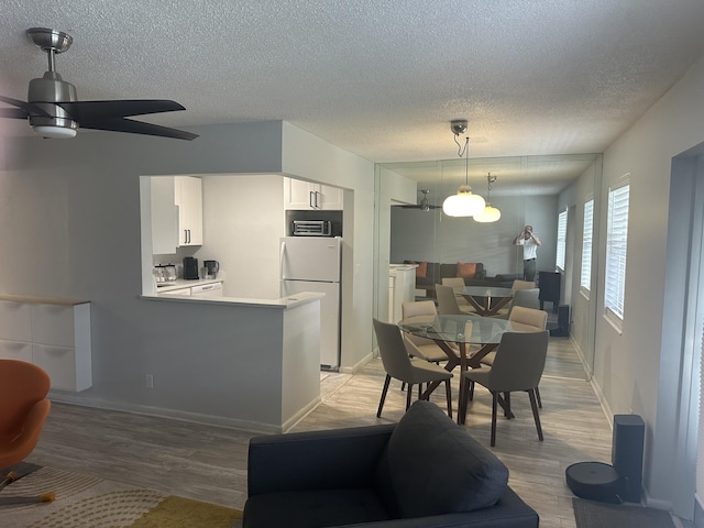 dining area with ceiling fan, a textured ceiling, and light wood-type flooring