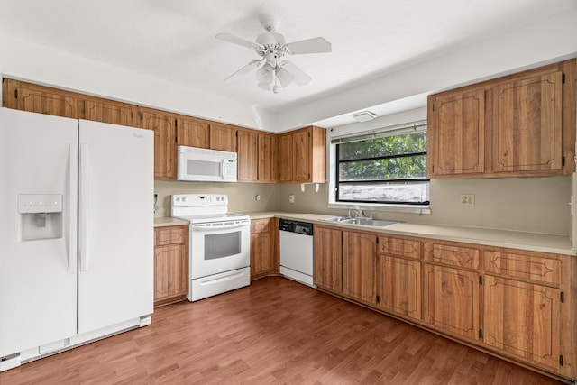 10439 Quailwood Ln Unit B, Boynton Beach, FL 33436 - kitchen featuring white appliances, a sink, light countertops, brown cabinetry, and wood finished floors