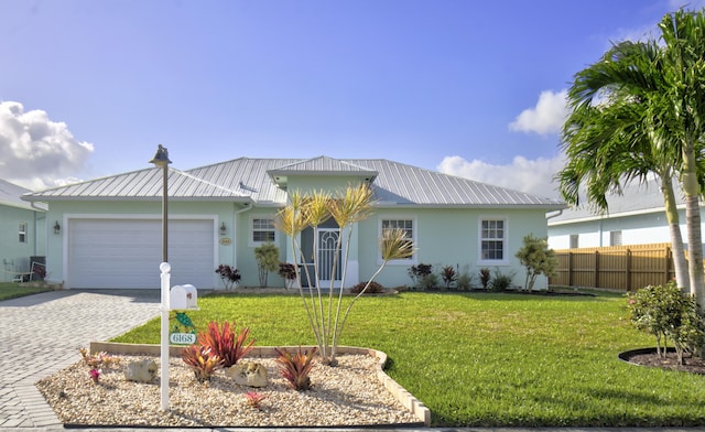 view of front of property with a garage and a front yard