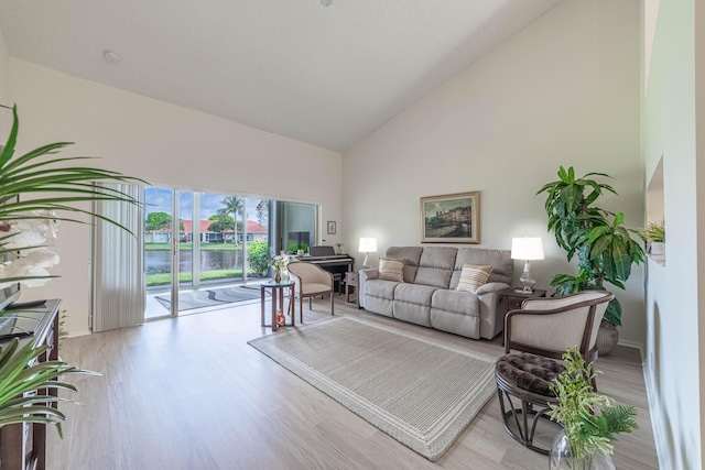 living room featuring high vaulted ceiling and light hardwood / wood-style floors