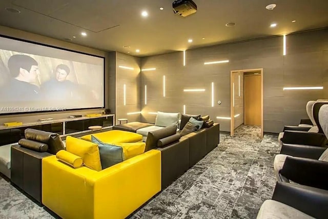 home theater featuring carpet