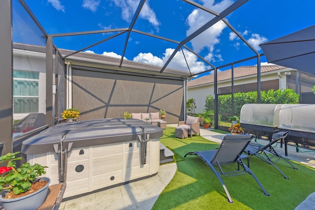 view of patio / terrace featuring a hot tub and glass enclosure