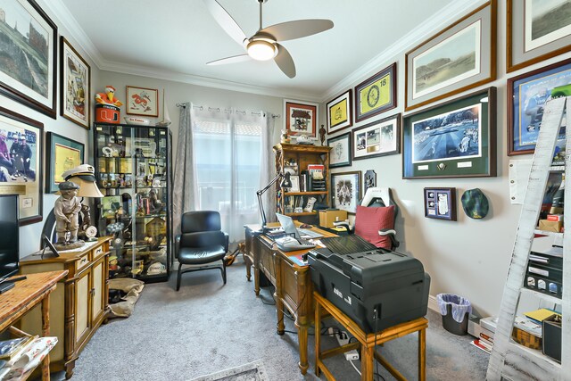 office featuring crown molding, ceiling fan, and carpet