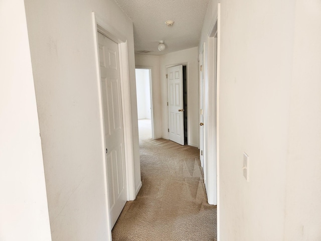 hall featuring light carpet and a textured ceiling