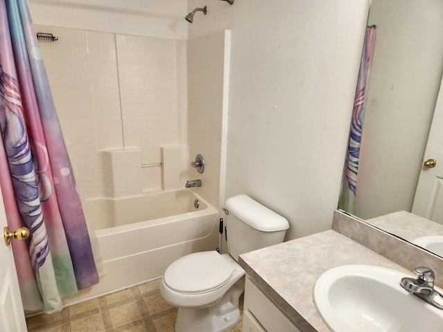 bathroom with toilet, vanity, and shower / bath combo with shower curtain