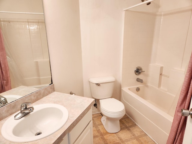 bathroom with toilet, vanity, and shower / bathtub combination with curtain