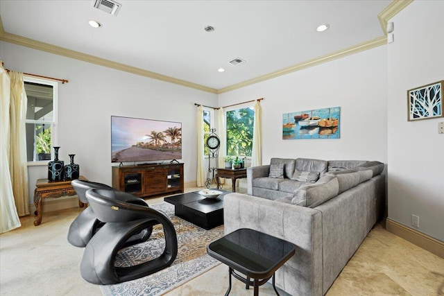 living room featuring ornamental molding