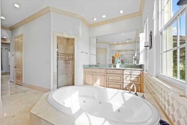 bathroom featuring plus walk in shower, a wealth of natural light, vanity, and crown molding