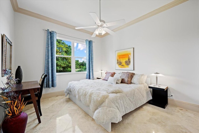 bedroom featuring ornamental molding and ceiling fan