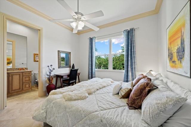 bedroom with crown molding, ceiling fan, and connected bathroom