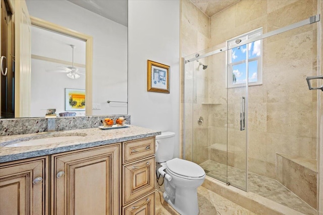 bathroom featuring vanity, an enclosed shower, and toilet