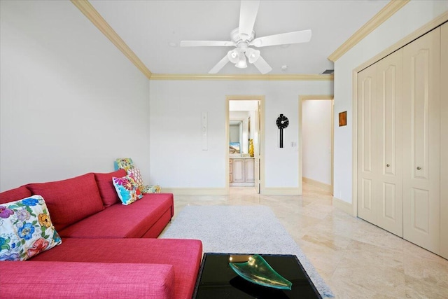 living room with crown molding and ceiling fan