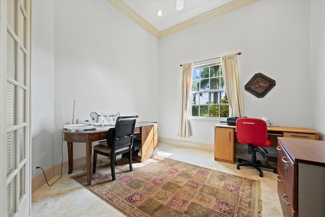 home office featuring ornamental molding and light carpet