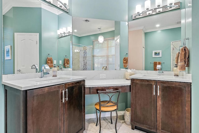 bathroom with tile patterned flooring, crown molding, an enclosed shower, and vanity