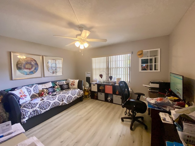 office space featuring ceiling fan and light hardwood / wood-style floors