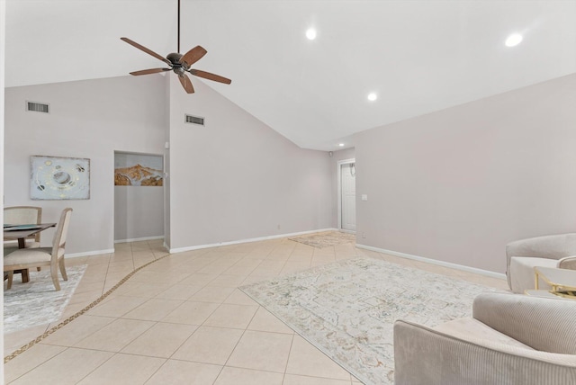 living area with ceiling fan, visible vents, recessed lighting, and light tile patterned floors