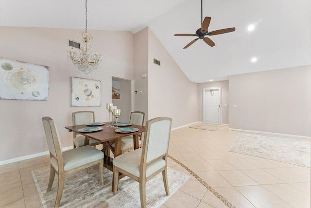 dining room with visible vents, baseboards, recessed lighting, ceiling fan with notable chandelier, and light tile patterned floors