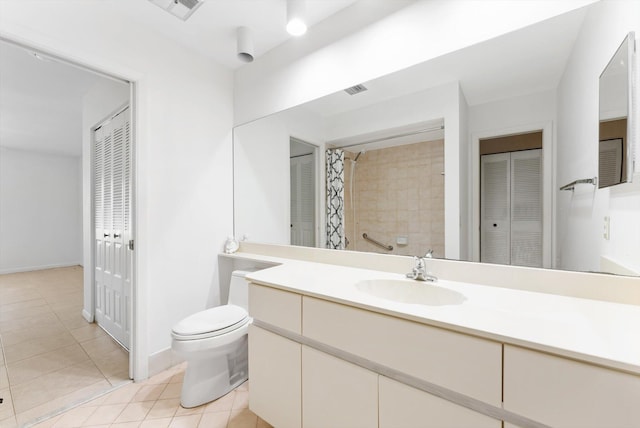 bathroom featuring visible vents, toilet, tile patterned floors, vanity, and a shower with curtain
