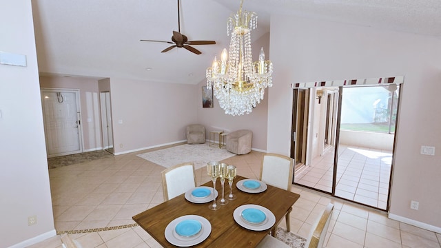 dining room with light tile patterned floors, high vaulted ceiling, ceiling fan with notable chandelier, and baseboards