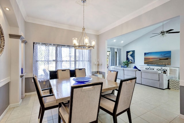 dining space featuring crown molding, vaulted ceiling, light tile patterned floors, and ceiling fan with notable chandelier