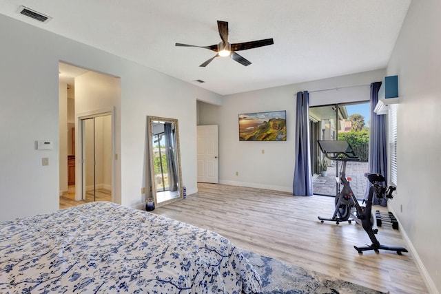 bedroom featuring ceiling fan, access to exterior, and light wood-type flooring