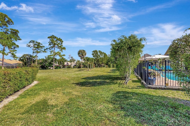 view of yard with a fenced in pool