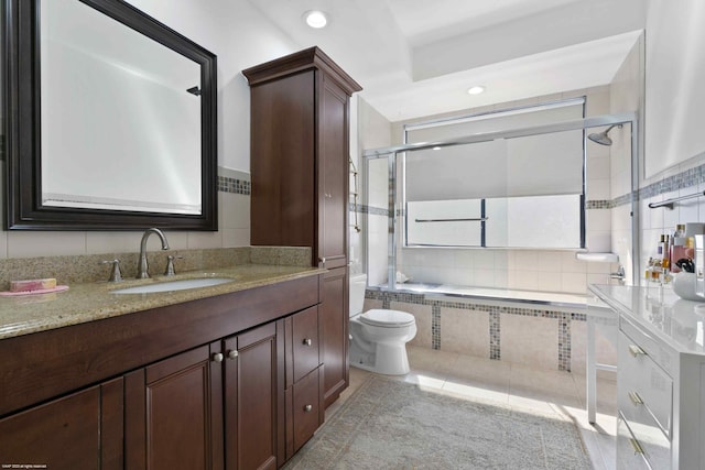 full bathroom with toilet, recessed lighting, vanity, and tile patterned floors