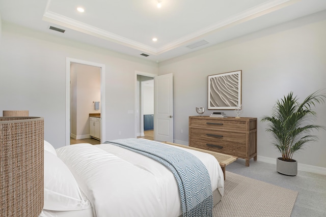 bedroom featuring recessed lighting, a raised ceiling, visible vents, and baseboards