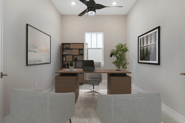 office featuring ceiling fan, baseboards, and recessed lighting