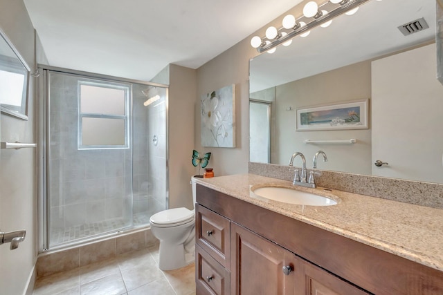 full bath featuring tile patterned flooring, toilet, vanity, visible vents, and a shower stall