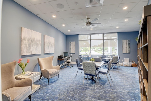 interior space with baseboards, recessed lighting, visible vents, and a ceiling fan