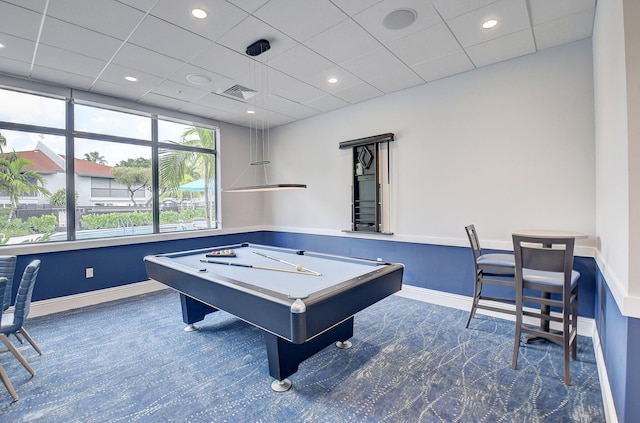 playroom with baseboards, visible vents, pool table, dark colored carpet, and recessed lighting