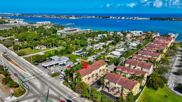 bird's eye view with a water view