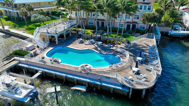exterior space with a water view
