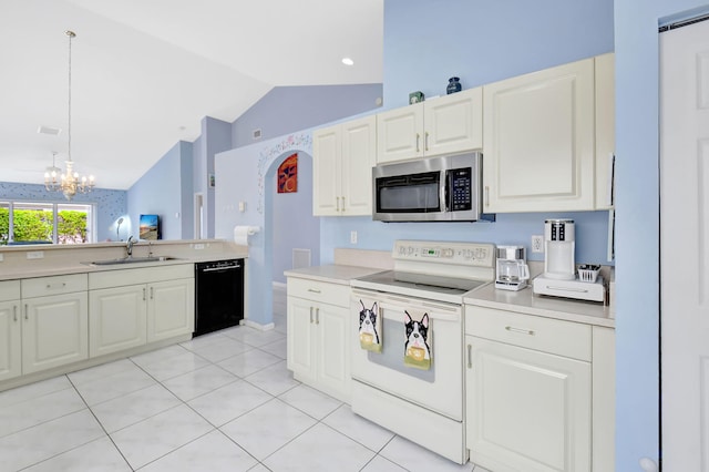 kitchen with electric stove, lofted ceiling, pendant lighting, sink, and black dishwasher