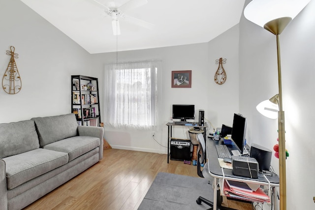 office area with ceiling fan and light wood-type flooring