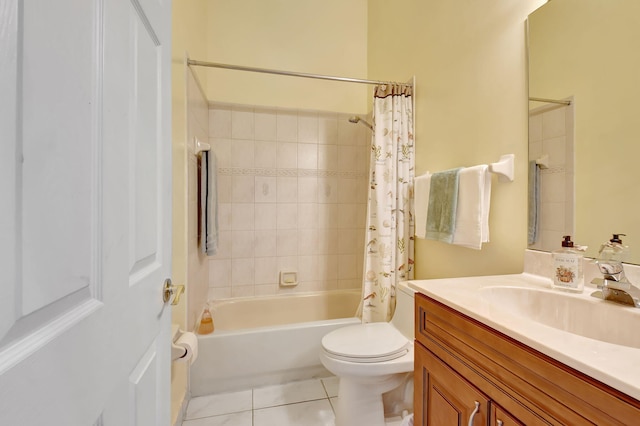 full bathroom with shower / bath combination with curtain, vanity, toilet, and tile patterned floors