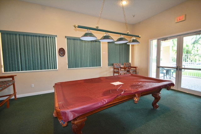 playroom featuring billiards, french doors, and dark colored carpet