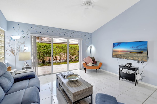 tiled living room featuring vaulted ceiling and ceiling fan