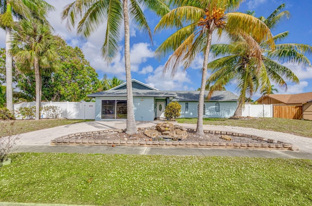 single story home featuring a front lawn