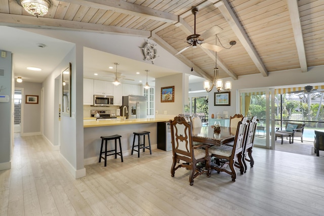 10174 Dogwood Ave, Palm Beach Gardens, FL 33410 - dining room with a ceiling fan, wood ceiling, light wood-style floors, baseboards, and a chandelier