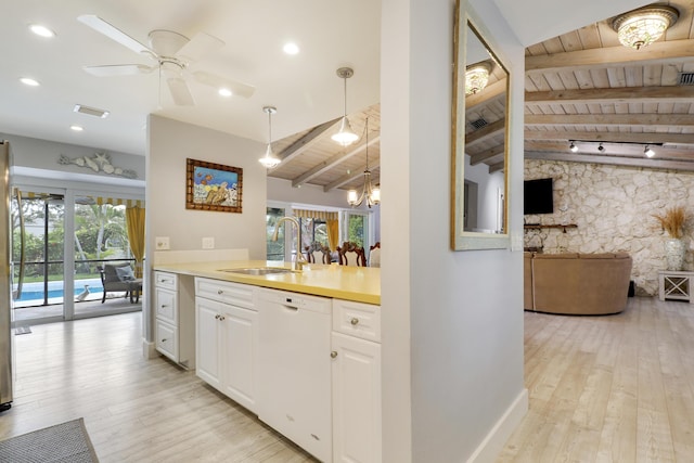 10174 Dogwood Ave, Palm Beach Gardens, FL 33410 - kitchen featuring a sink, wood ceiling, dishwasher, light wood-type flooring, and white cabinetry