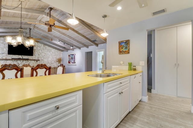 10174 Dogwood Ave, Palm Beach Gardens, FL 33410 - kitchen featuring a sink, wood ceiling, a ceiling fan, light wood-style flooring, and white cabinets